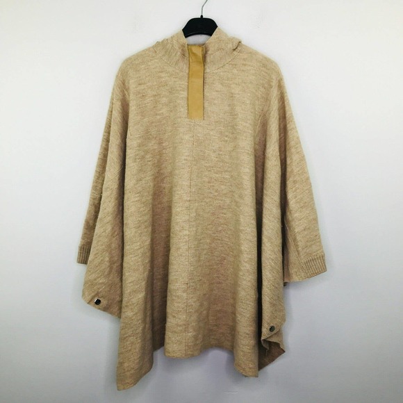 Escada Sport Large Poncho Sweater Beige Hooded 1/4 Zip Snap...